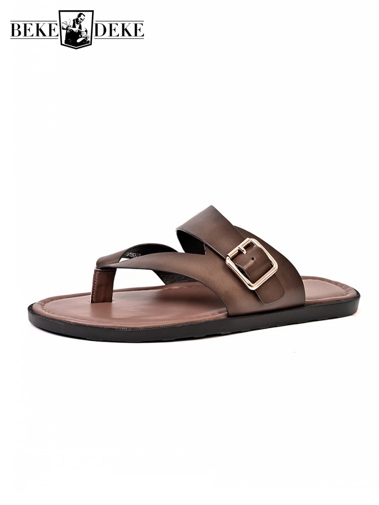 Flip Flop Leather Men - Outside Summer Mens Flat Shoes Buckle