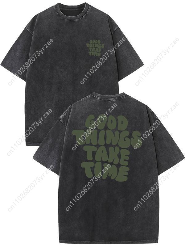 Linen Shirt Breathable - Good Things Take Time Retro Tee