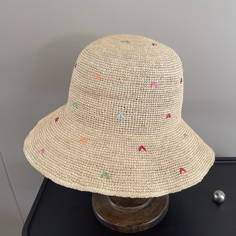 Women Embroidery Heart Raffia  - Bucket Hat Straw 리뷰 및 가격