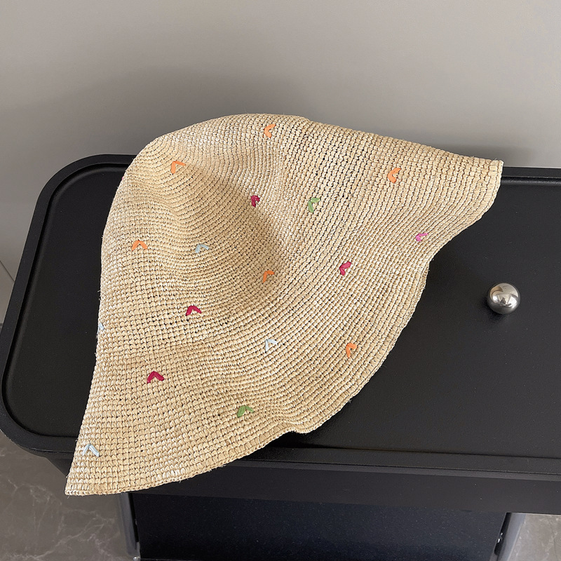 Women Embroidery Heart Raffia  - Bucket Hat Straw 리뷰 및 가격