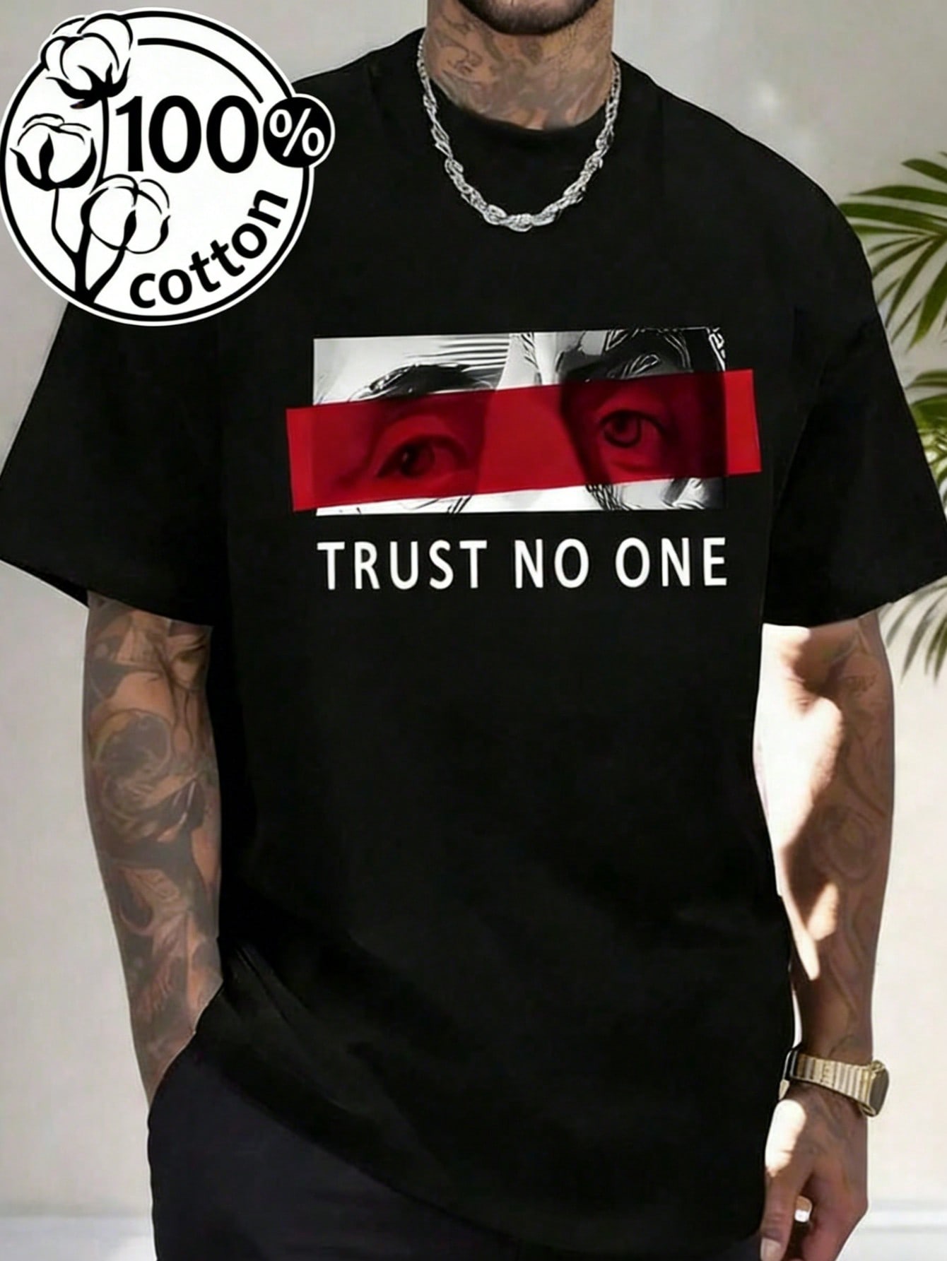 Black Cotton Graphic Tee with  - Tee Graphic Print 리뷰 및 가격