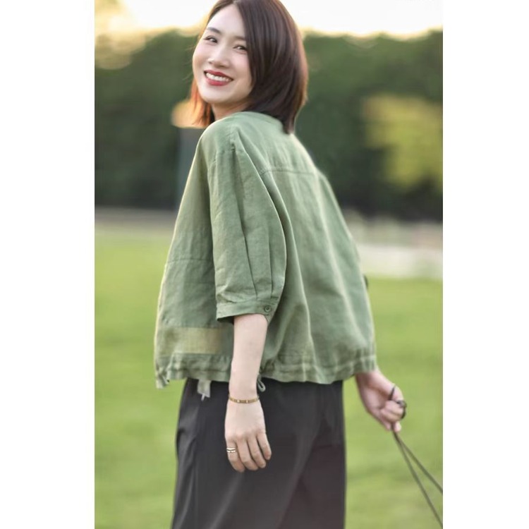 Retro round Neck Cotton Linen  - Short Linen Drawstring 리뷰 및 가격
