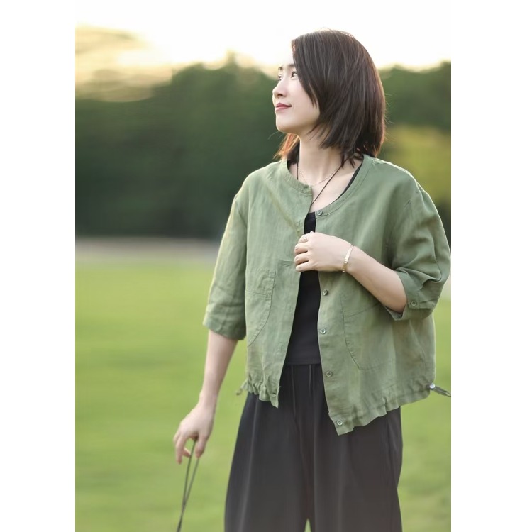 Retro round Neck Cotton Linen  - Short Linen Drawstring 리뷰 및 가격