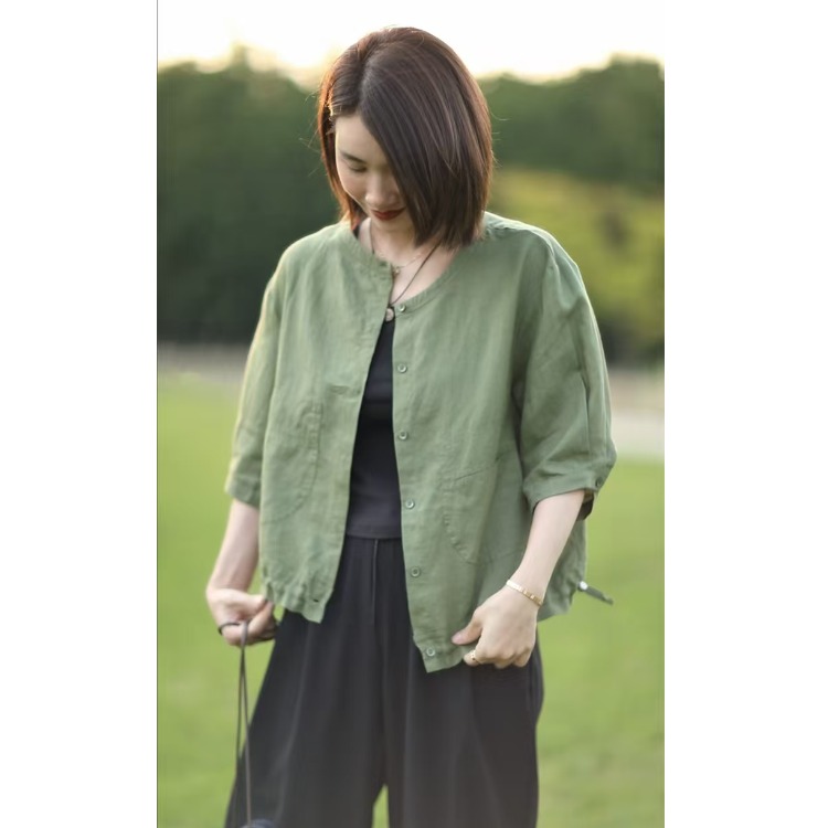 Retro round Neck Cotton Linen  - Short Linen Drawstring 리뷰 및 가격