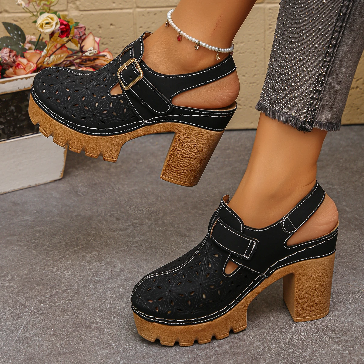 Large Size Women's Thick Heel  - Casual Sandal Leather 리뷰 및 가격