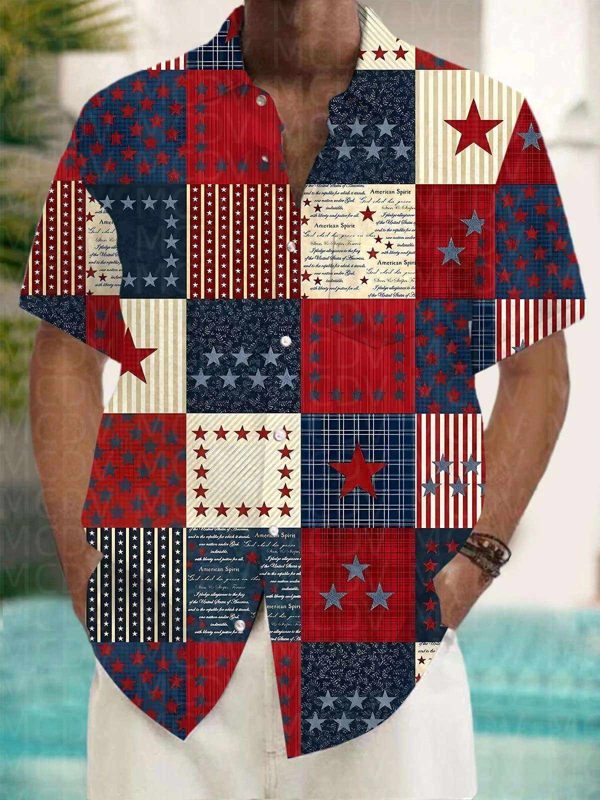 Flag Pattern Style Men's Hawai - Shirt Camp Collar 리뷰 및 가격