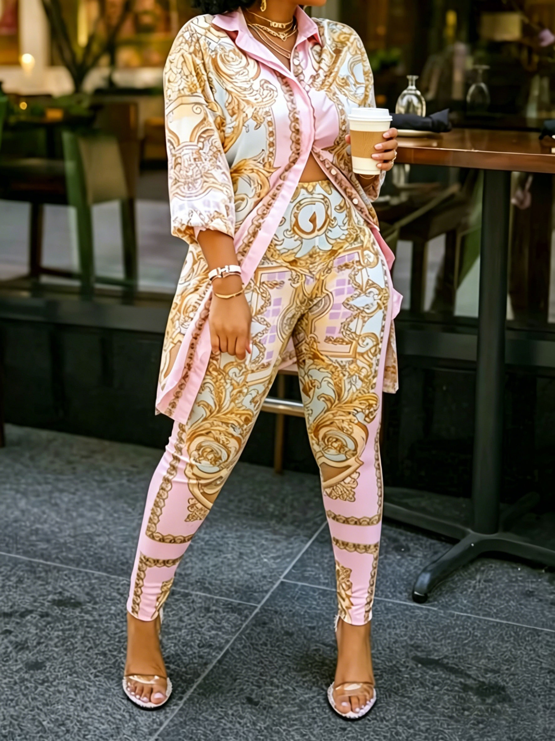 Women 2 Piece Set Ornate Print - Shirt Camp Collar 리뷰 및 가격